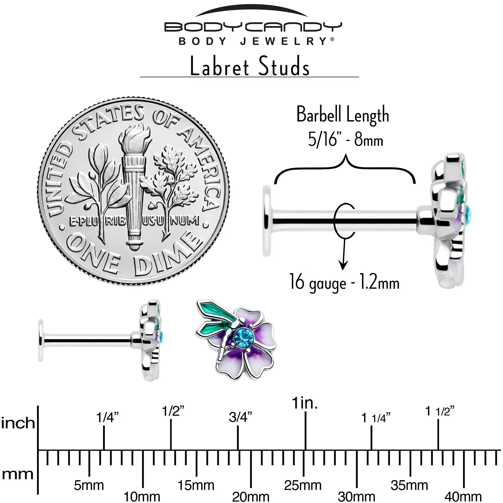 16G 5/16 Blue Gem Faerie Flower Purple Labret Monroe Tragus - Image 5