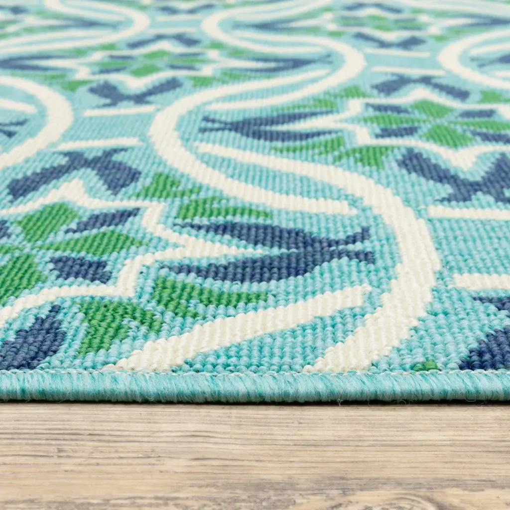 2' X 3' Blue and Green Geometric Stain Resistant Indoor Outdoor Area Rug - Image 3