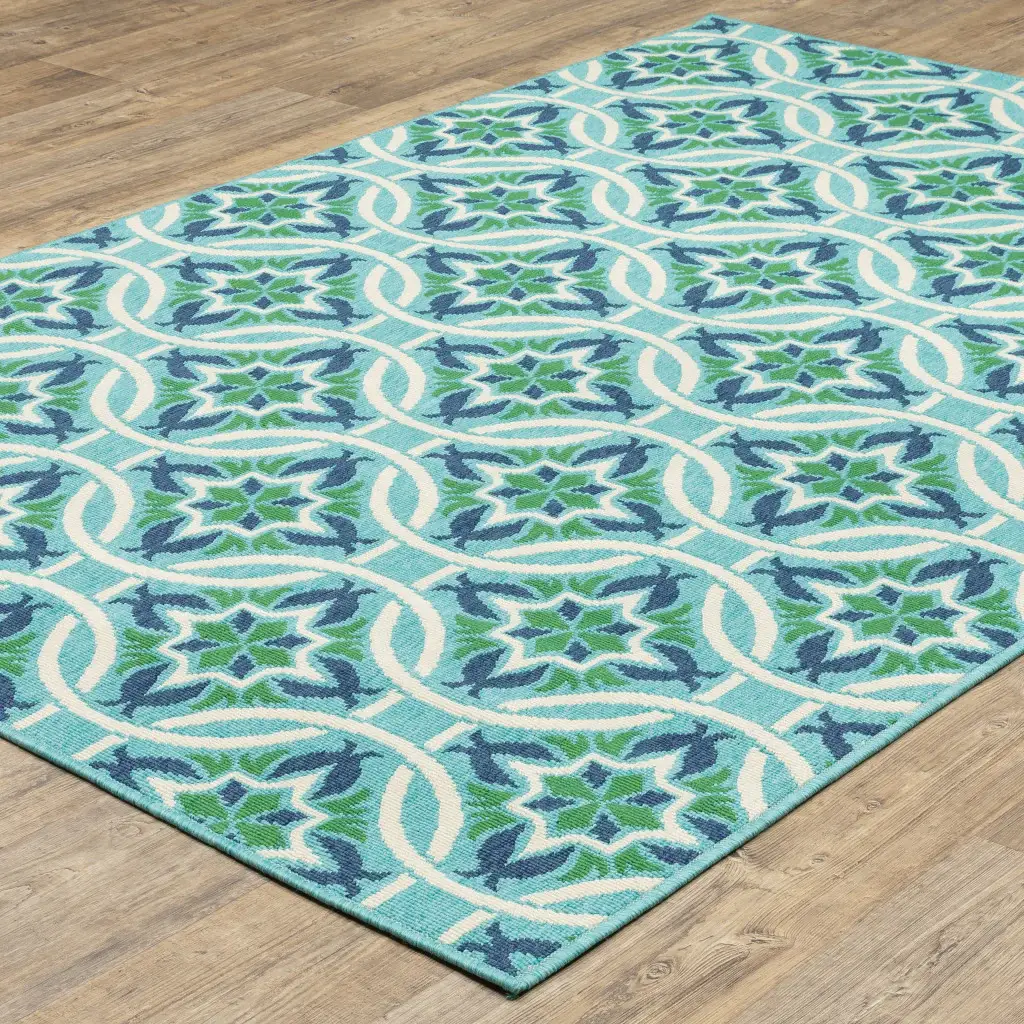 2' X 3' Blue and Green Geometric Stain Resistant Indoor Outdoor Area Rug - Image 7