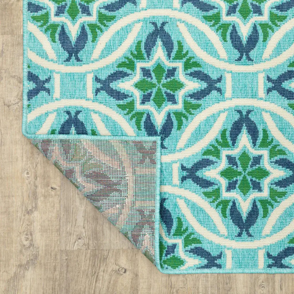 2' X 3' Blue and Green Geometric Stain Resistant Indoor Outdoor Area Rug - Image 8