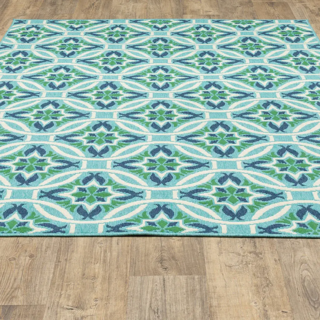 2' X 3' Blue and Green Geometric Stain Resistant Indoor Outdoor Area Rug - Image 9