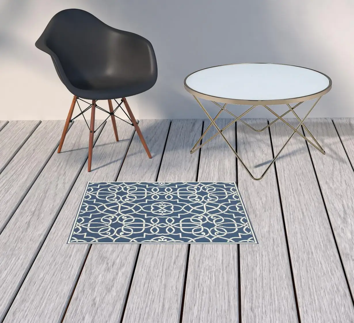 2' X 3' Blue and Ivory Geometric Stain Resistant Indoor Outdoor Area Rug - Image 2