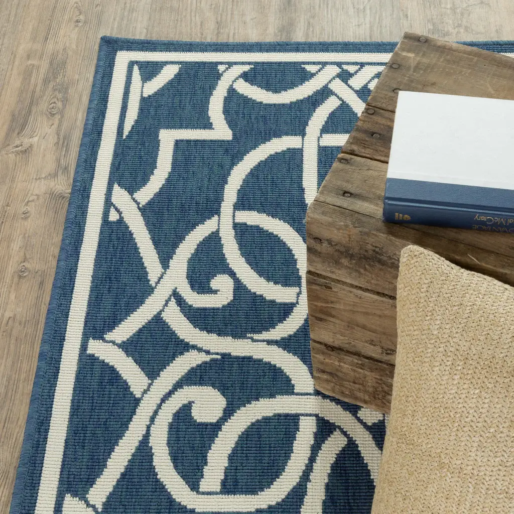 2' X 3' Blue and Ivory Geometric Stain Resistant Indoor Outdoor Area Rug - Image 7