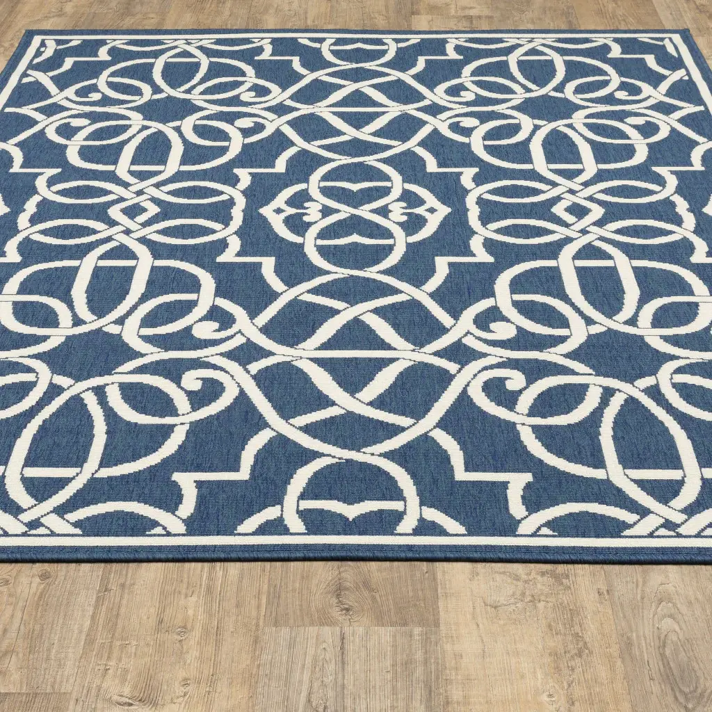 2' X 3' Blue and Ivory Geometric Stain Resistant Indoor Outdoor Area Rug - Image 9