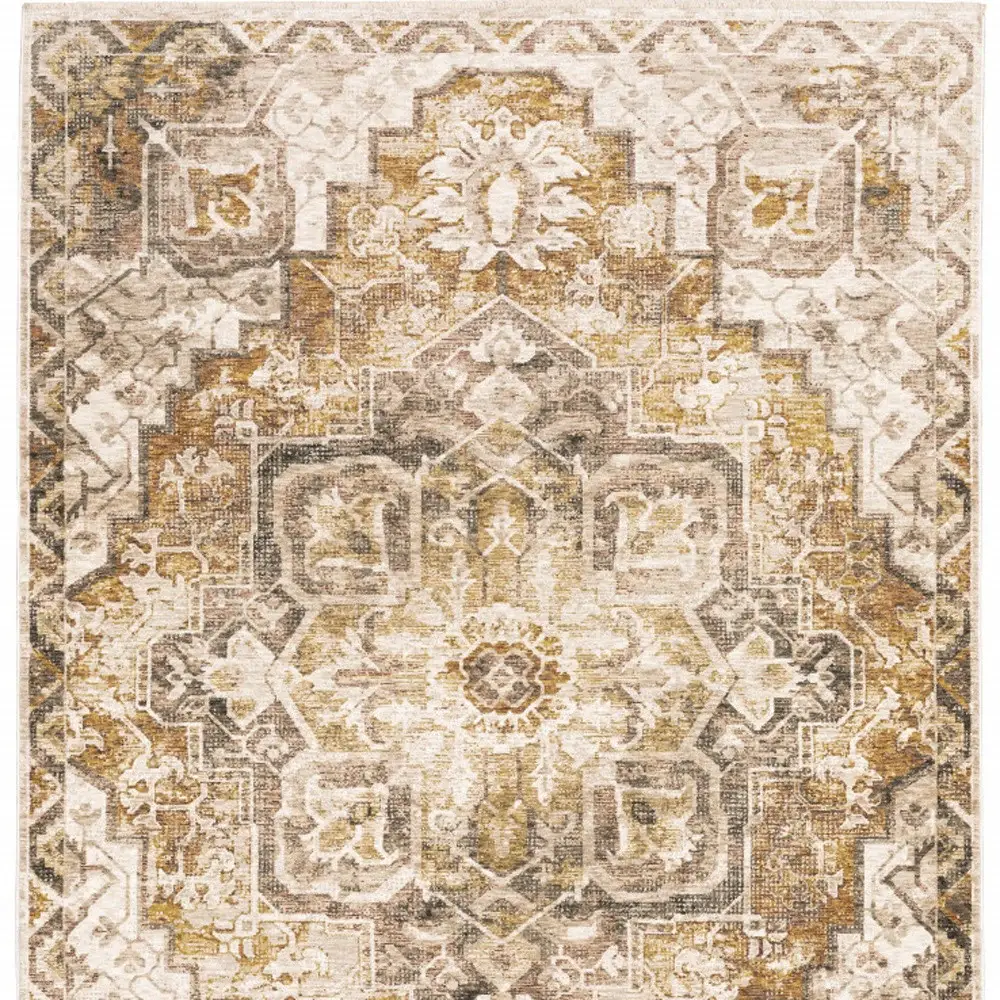 2' X 3' Gold And Ivory Oriental Power Loom Stain Resistant Area Rug With Fringe - Image 5