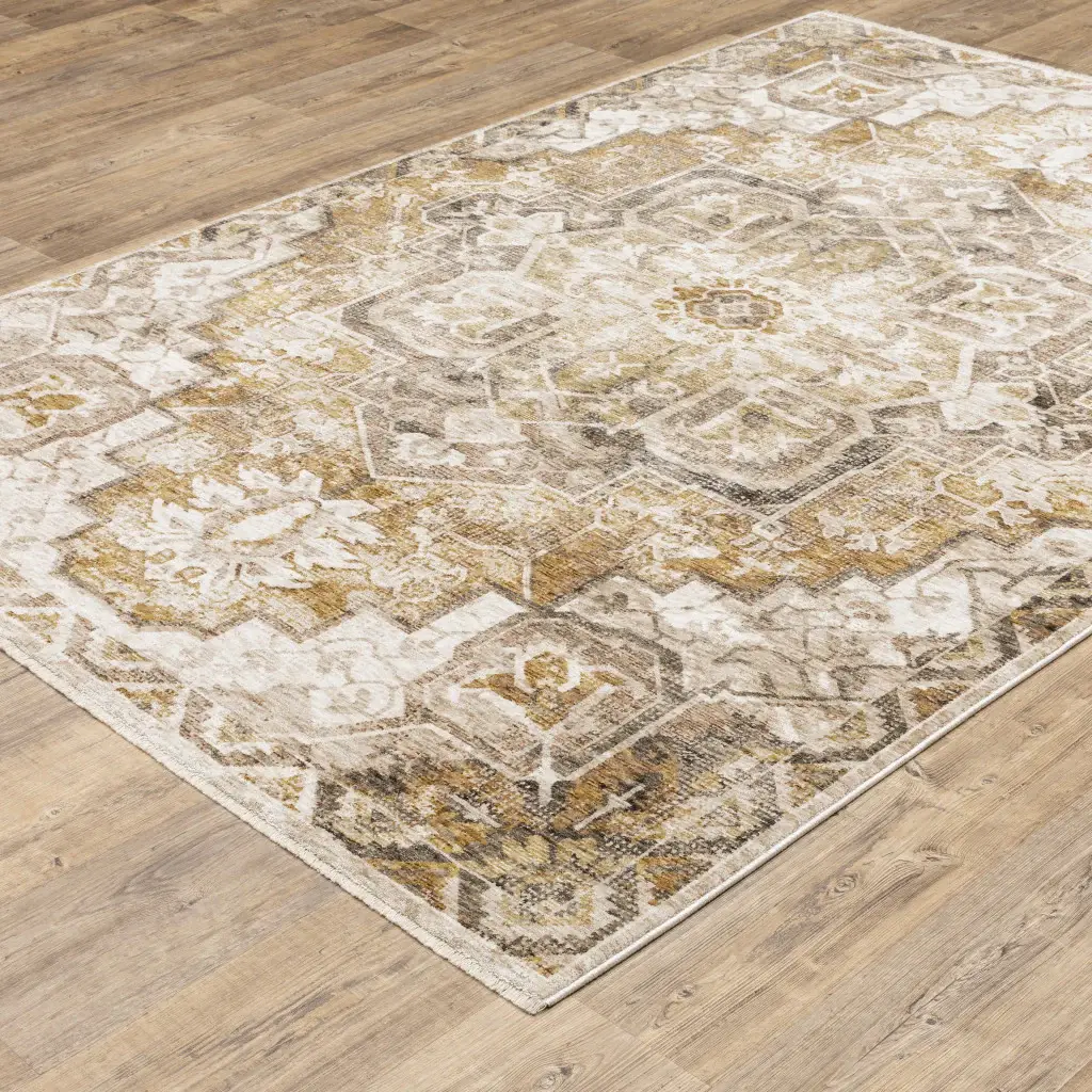 2' X 3' Gold And Ivory Oriental Power Loom Stain Resistant Area Rug With Fringe - Image 7