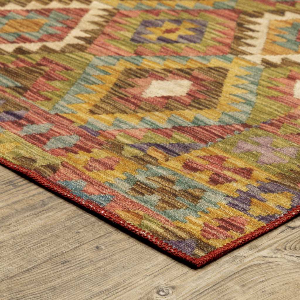 2' X 3' Gold Orange Brown Red Green Purple And Beige Southwestern Printed Stain Resistant Non Skid Area Rug - Image 4