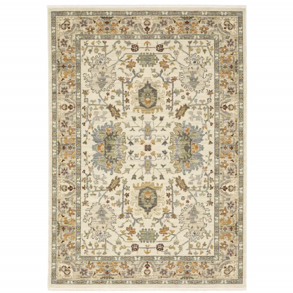 2' X 3' Gray And Ivory Oriental Power Loom Area Rug With Fringe