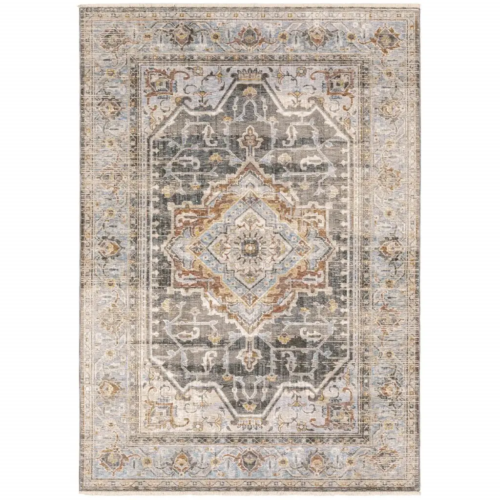 2' X 3' Grey Blue Machine Woven Medallion Indoor Area Rug - Image 2