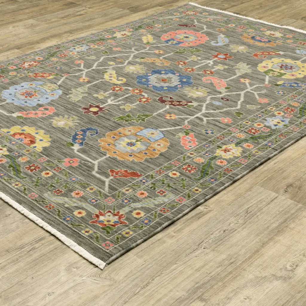 2' X 3' Grey Blue Pink Orange Rust Red Green And Ivory Oriental Power Loom Stain Resistant Area Rug With Fringe - Image 5