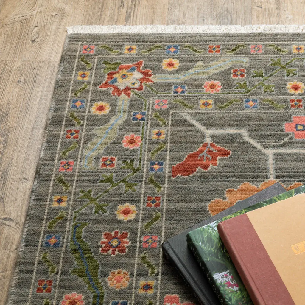 2' X 3' Grey Blue Pink Orange Rust Red Green And Ivory Oriental Power Loom Stain Resistant Area Rug With Fringe - Image 6