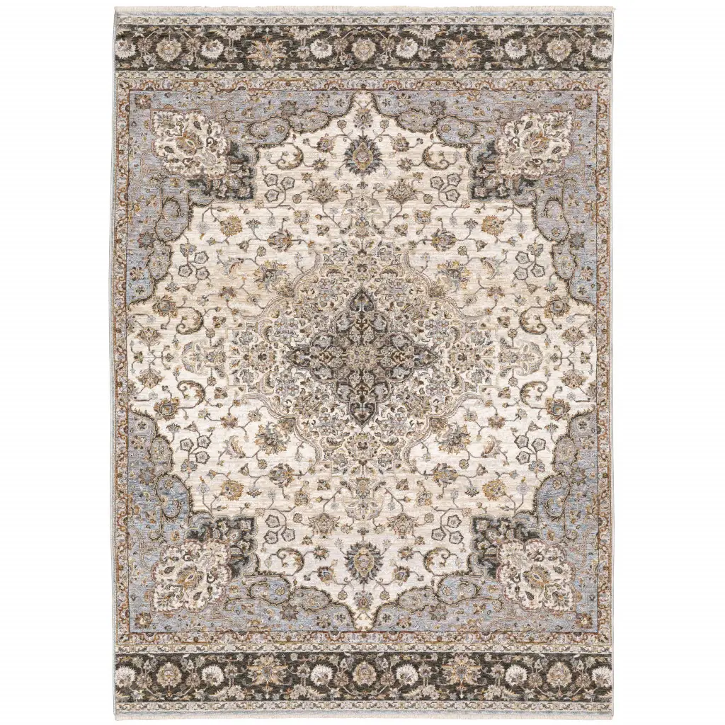 2' X 3' Ivory And Blue Oriental Power Loom Stain Resistant Area Rug With Fringe