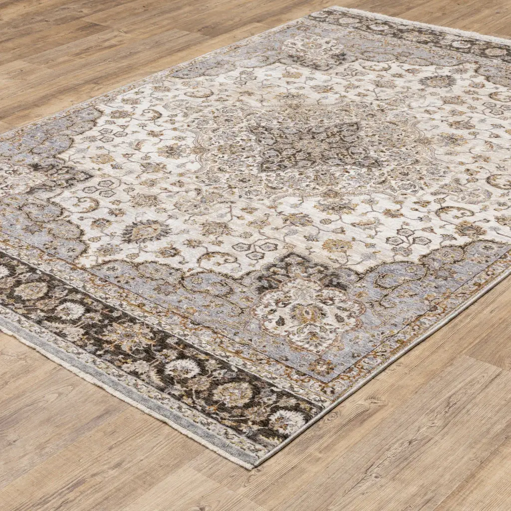 2' X 3' Ivory And Blue Oriental Power Loom Stain Resistant Area Rug With Fringe - Image 4