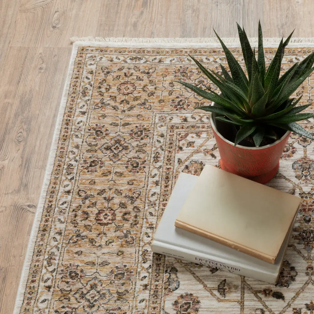 2' X 3' Ivory And Gold Oriental Power Loom Stain Resistant Area Rug With Fringe - Image 8