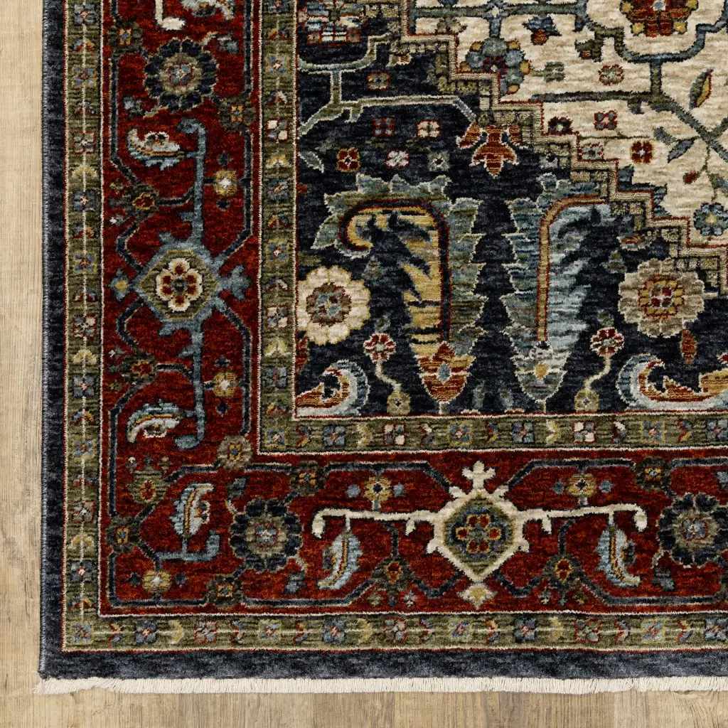 2' X 3' Ivory Beige Red Blue Gold Green And Navy Oriental Power Loom Stain Resistant Area Rug With Fringe - Image 2