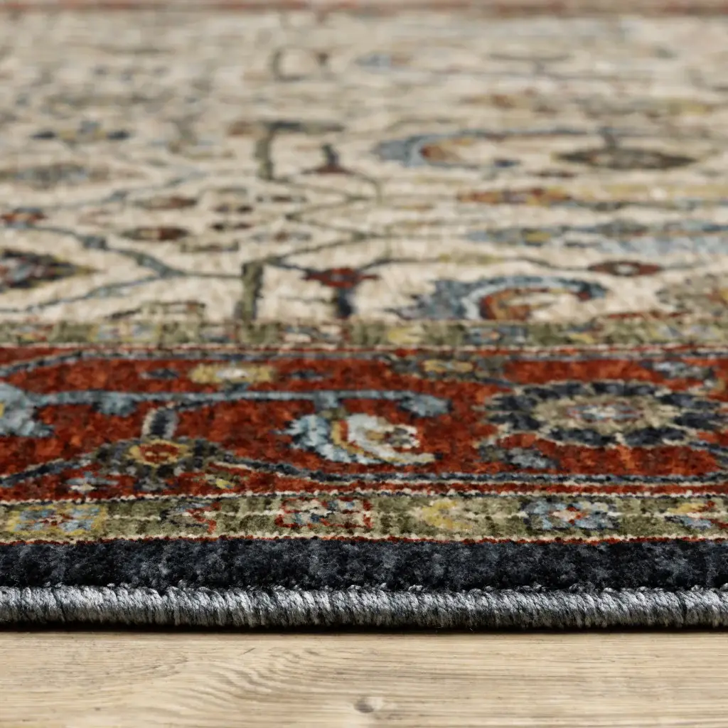 2' X 3' Ivory Beige Red Blue Gold Green And Navy Oriental Power Loom Stain Resistant Area Rug With Fringe - Image 3