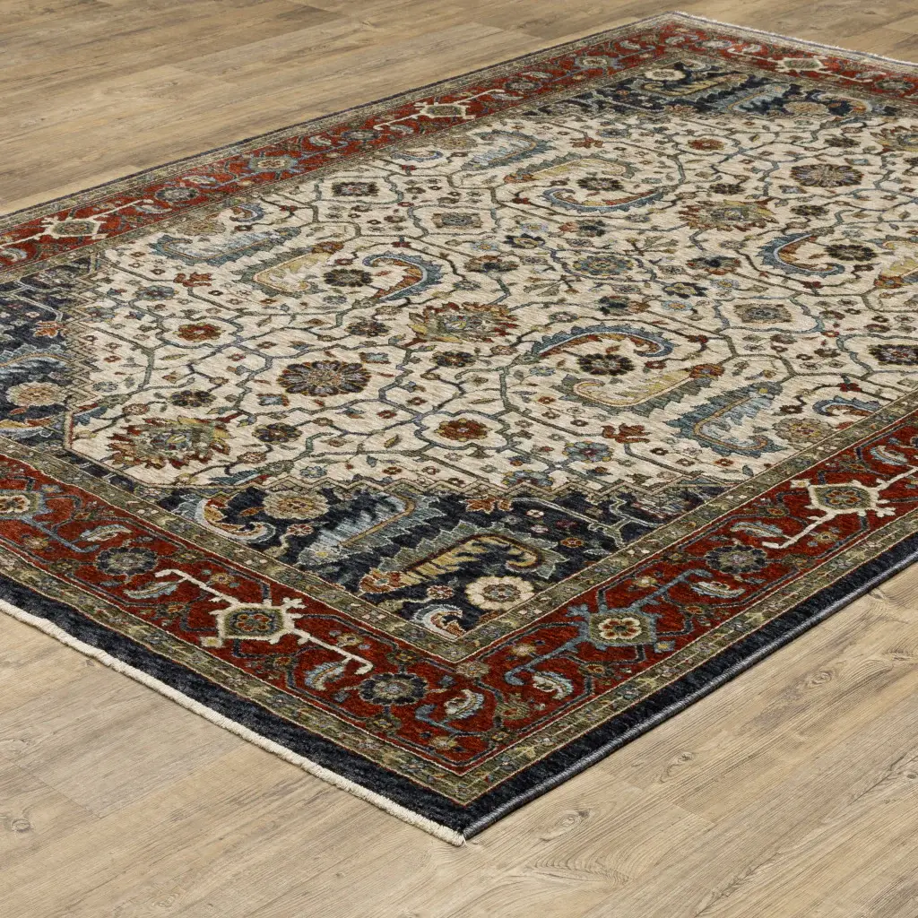 2' X 3' Ivory Beige Red Blue Gold Green And Navy Oriental Power Loom Stain Resistant Area Rug With Fringe - Image 6