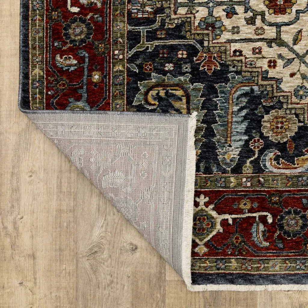 2' X 3' Ivory Beige Red Blue Gold Green And Navy Oriental Power Loom Stain Resistant Area Rug With Fringe - Image 7