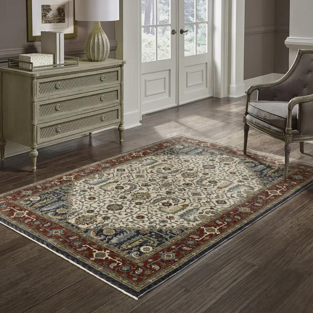 2' X 3' Ivory Beige Red Blue Gold Green And Navy Oriental Power Loom Stain Resistant Area Rug With Fringe - Image 8