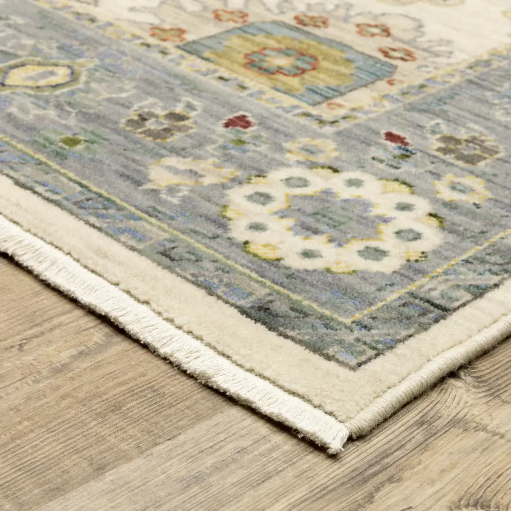 2' X 3' Ivory Blue Grey Teal Gold Green And Rust Oriental Power Loom Stain Resistant Area Rug With Fringe - Image 3