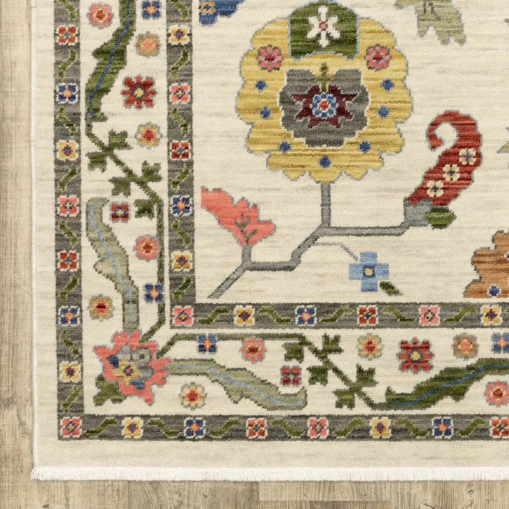 2' X 3' Ivory Green Blues Pink Yellow Rust Brown Tan And Grey Oriental Power Loom Stain Resistant Area Rug With Fringe - Image 2