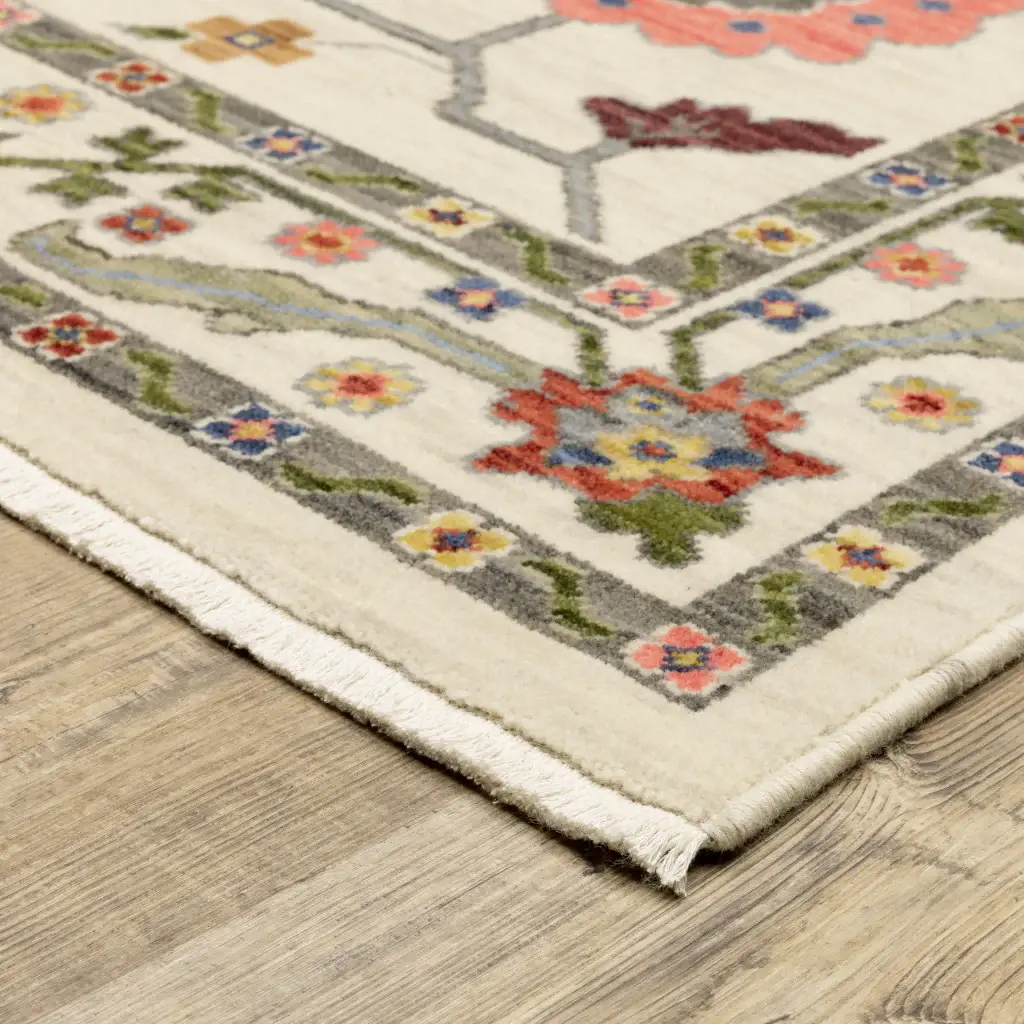 2' X 3' Ivory Green Blues Pink Yellow Rust Brown Tan And Grey Oriental Power Loom Stain Resistant Area Rug With Fringe - Image 4