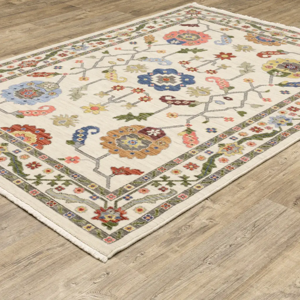 2' X 3' Ivory Green Blues Pink Yellow Rust Brown Tan And Grey Oriental Power Loom Stain Resistant Area Rug With Fringe - Image 5