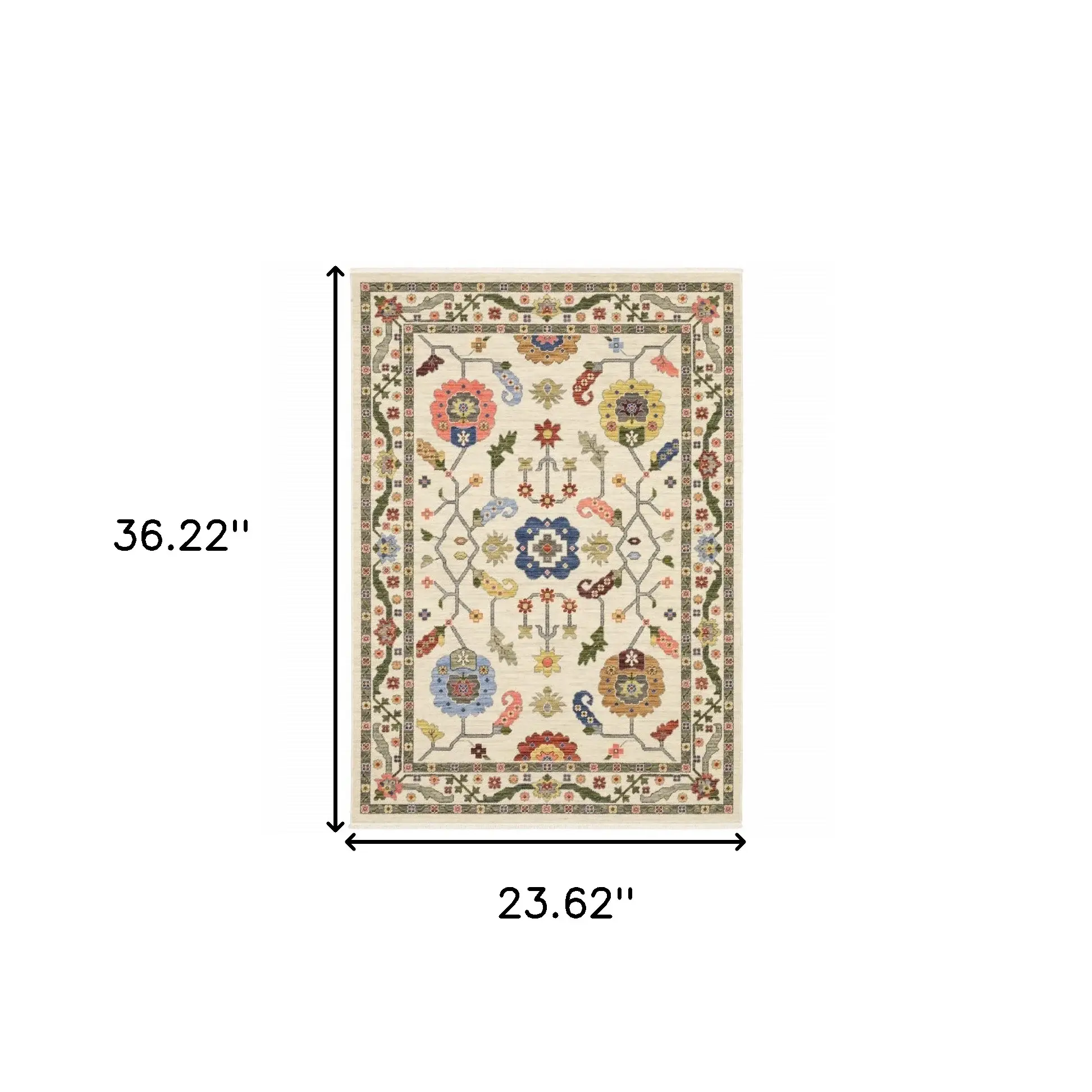 2' X 3' Ivory Green Blues Pink Yellow Rust Brown Tan And Grey Oriental Power Loom Stain Resistant Area Rug With Fringe - Image 7
