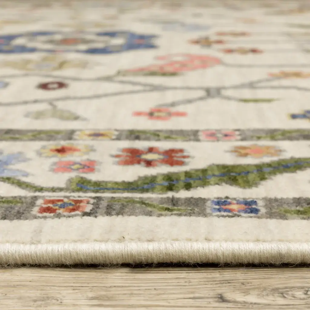 2' X 3' Ivory Green Blues Pink Yellow Rust Brown Tan And Grey Oriental Power Loom Stain Resistant Area Rug With Fringe - Image 8