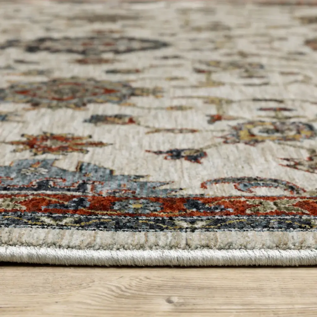 2' X 3' Ivory Grey Rust Red Gold And Shades Of Blue Oriental Power Loom Stain Resistant Area Rug With Fringe - Image 3