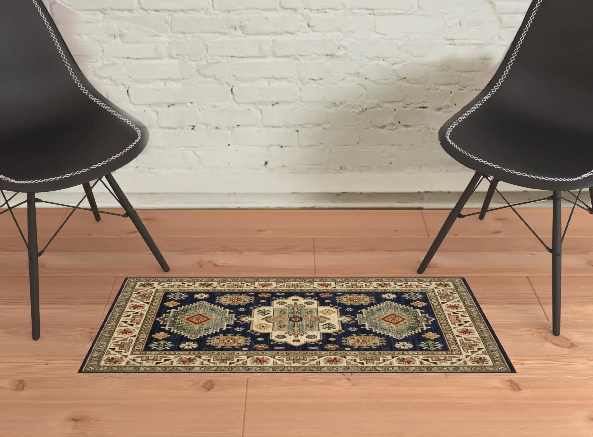 2' X 3' Navy Charcoal Orange Rust Gold Pale Blue Olive Beige And Salmon Oriental Power Loom Stain Resistant Area Rug With Fringe - Image 2