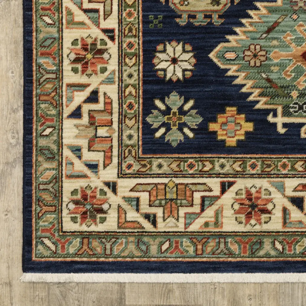 2' X 3' Navy Charcoal Orange Rust Gold Pale Blue Olive Beige And Salmon Oriental Power Loom Stain Resistant Area Rug With Fringe - Image 3