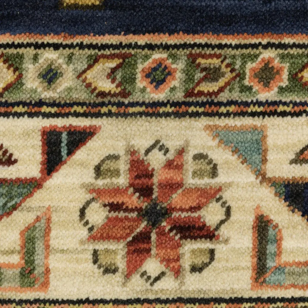 2' X 3' Navy Charcoal Orange Rust Gold Pale Blue Olive Beige And Salmon Oriental Power Loom Stain Resistant Area Rug With Fringe - Image 4