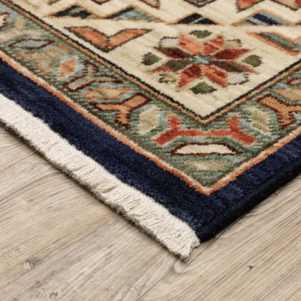 2' X 3' Navy Charcoal Orange Rust Gold Pale Blue Olive Beige And Salmon Oriental Power Loom Stain Resistant Area Rug With Fringe - Image 5
