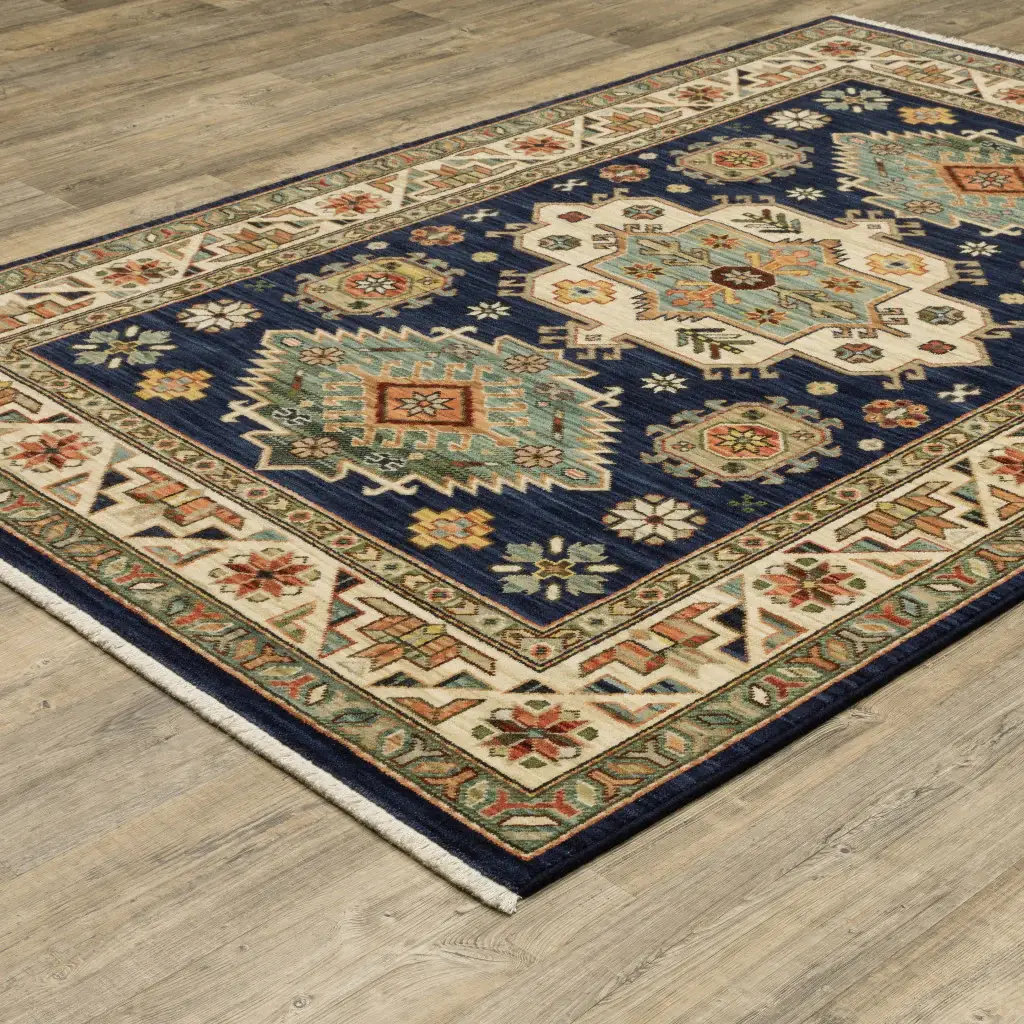 2' X 3' Navy Charcoal Orange Rust Gold Pale Blue Olive Beige And Salmon Oriental Power Loom Stain Resistant Area Rug With Fringe - Image 6