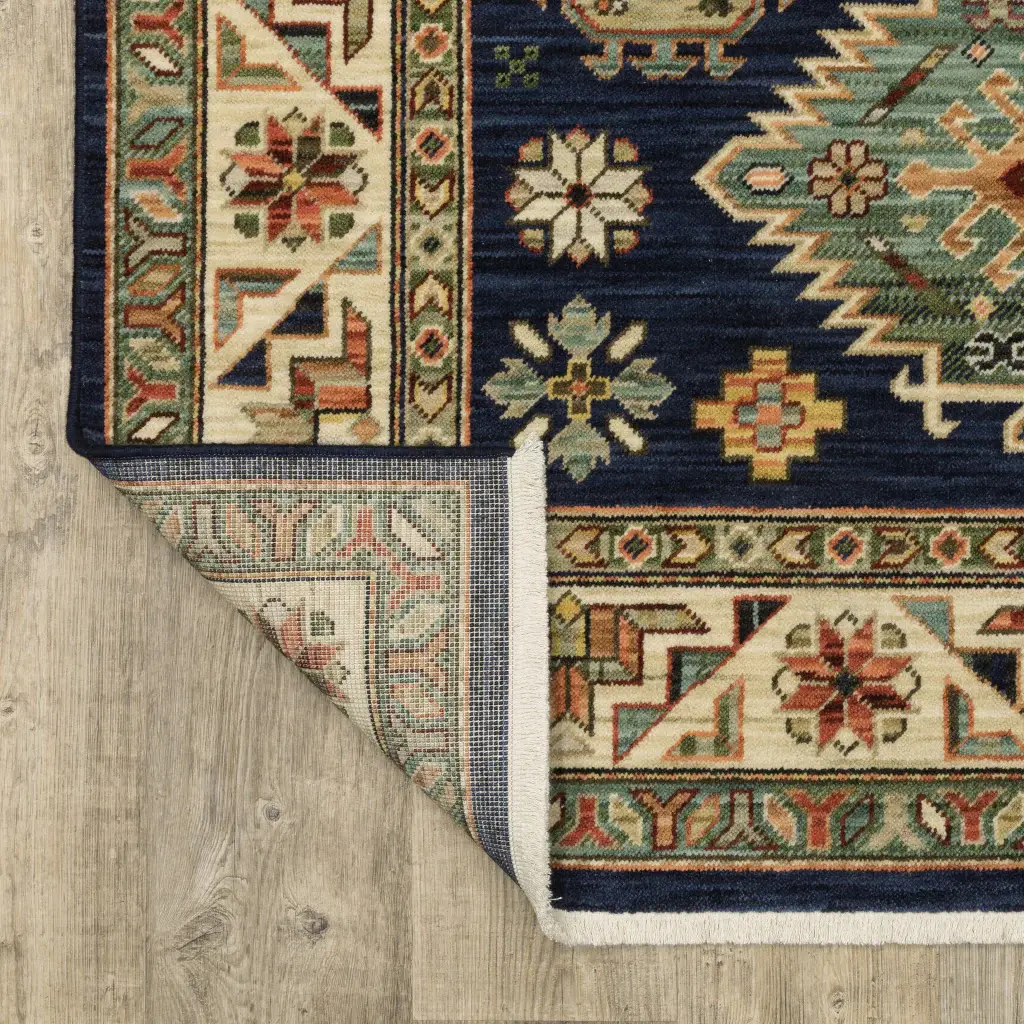 2' X 3' Navy Charcoal Orange Rust Gold Pale Blue Olive Beige And Salmon Oriental Power Loom Stain Resistant Area Rug With Fringe - Image 7