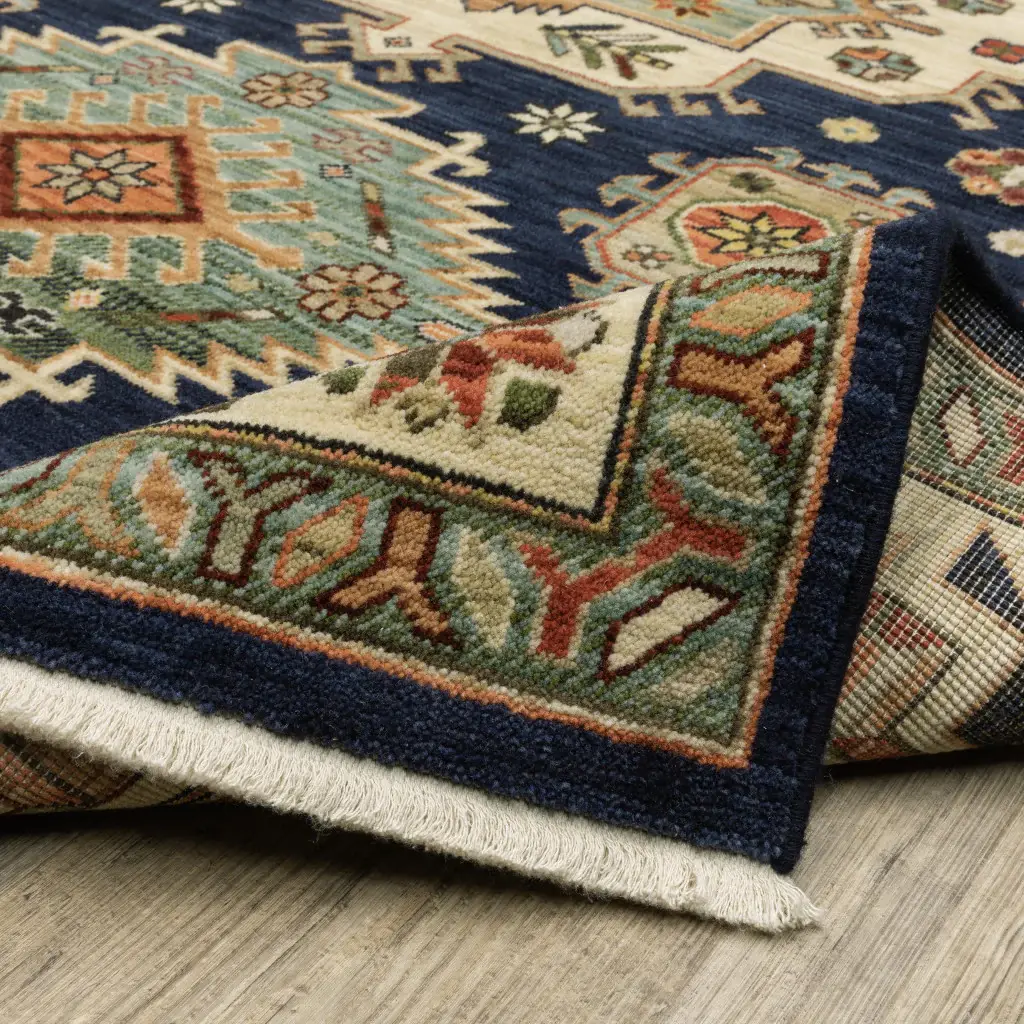 2' X 3' Navy Charcoal Orange Rust Gold Pale Blue Olive Beige And Salmon Oriental Power Loom Stain Resistant Area Rug With Fringe - Image 9