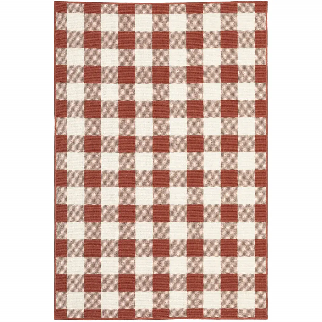 2' X 3' Red and Ivory Geometric Stain Resistant Indoor Outdoor Area Rug