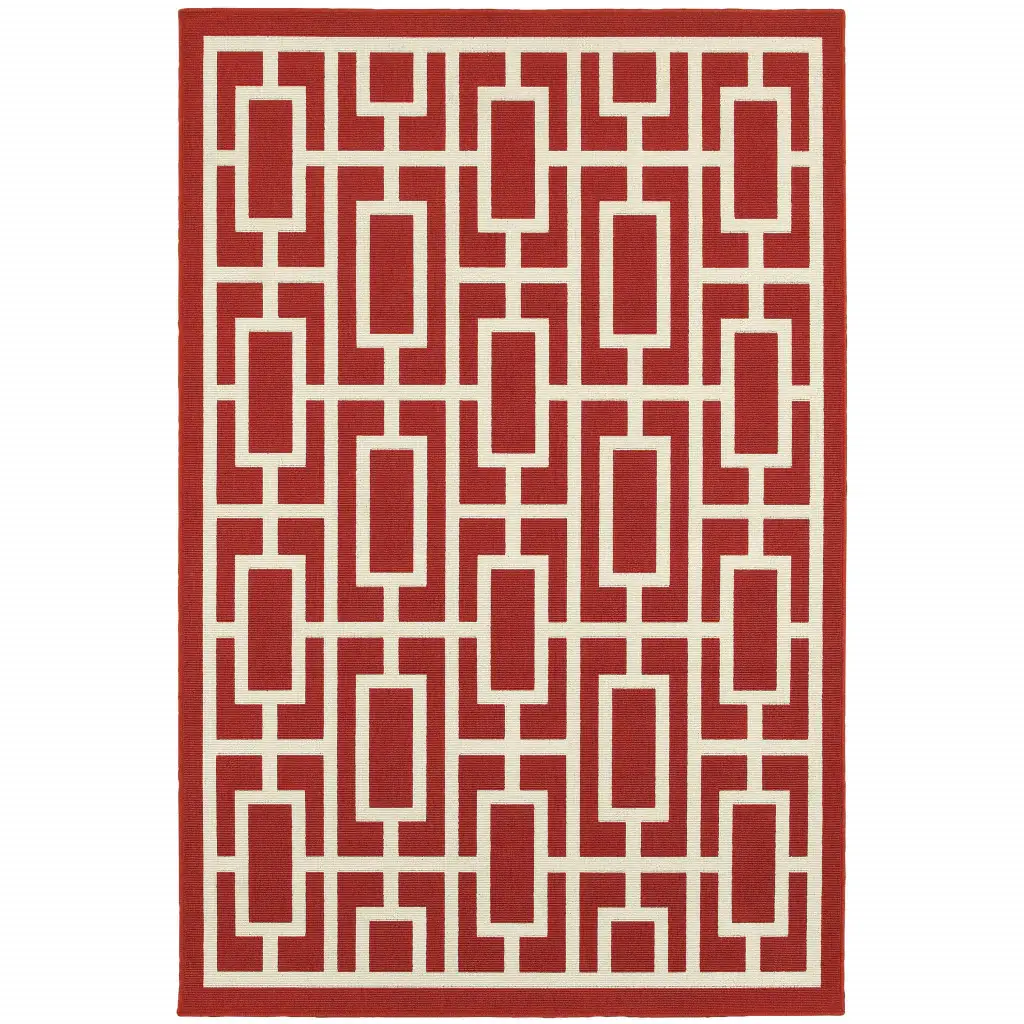 2' X 3' Red and Ivory Geometric Stain Resistant Indoor Outdoor Area Rug