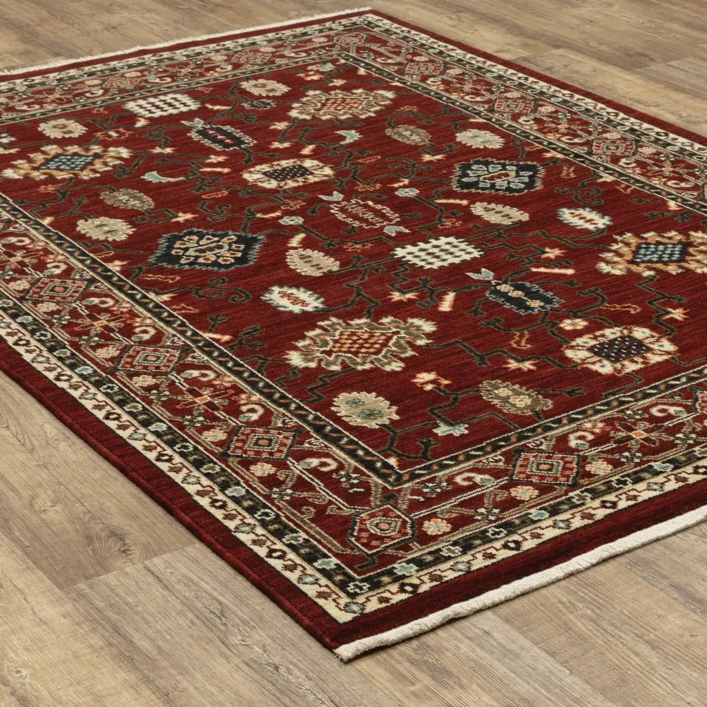 2' X 3' Red Black Ivory And Brown Oriental Power Loom Stain Resistant Area Rug With Fringe - Image 7