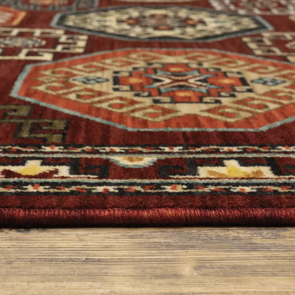 2' X 3' Red Blue Brown And Beige Oriental Power Loom Stain Resistant Area Rug With Fringe - Image 3