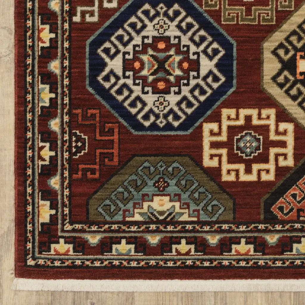 2' X 3' Red Blue Brown And Beige Oriental Power Loom Stain Resistant Area Rug With Fringe - Image 5
