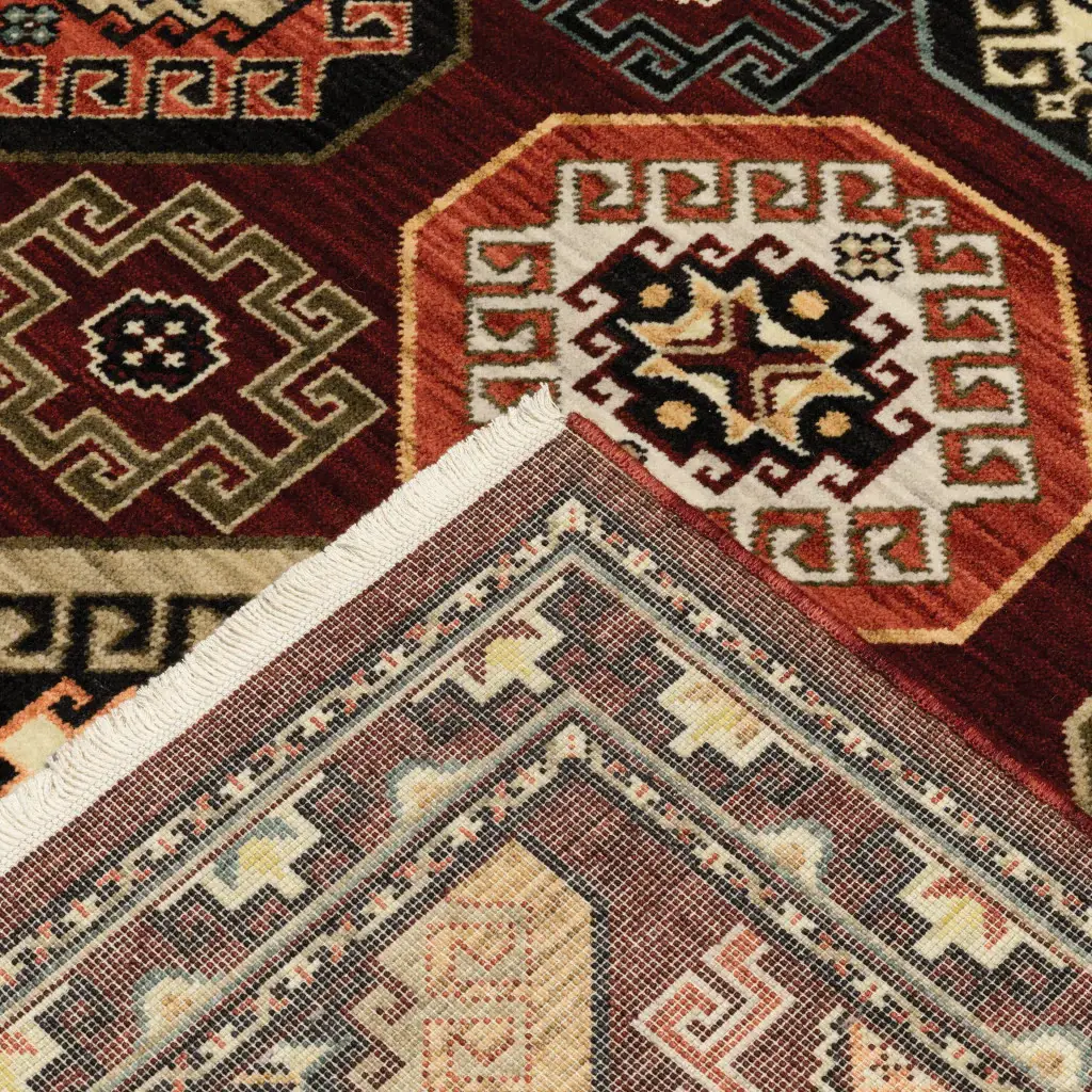 2' X 3' Red Blue Brown And Beige Oriental Power Loom Stain Resistant Area Rug With Fringe - Image 6