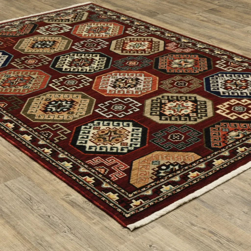 2' X 3' Red Blue Brown And Beige Oriental Power Loom Stain Resistant Area Rug With Fringe - Image 8