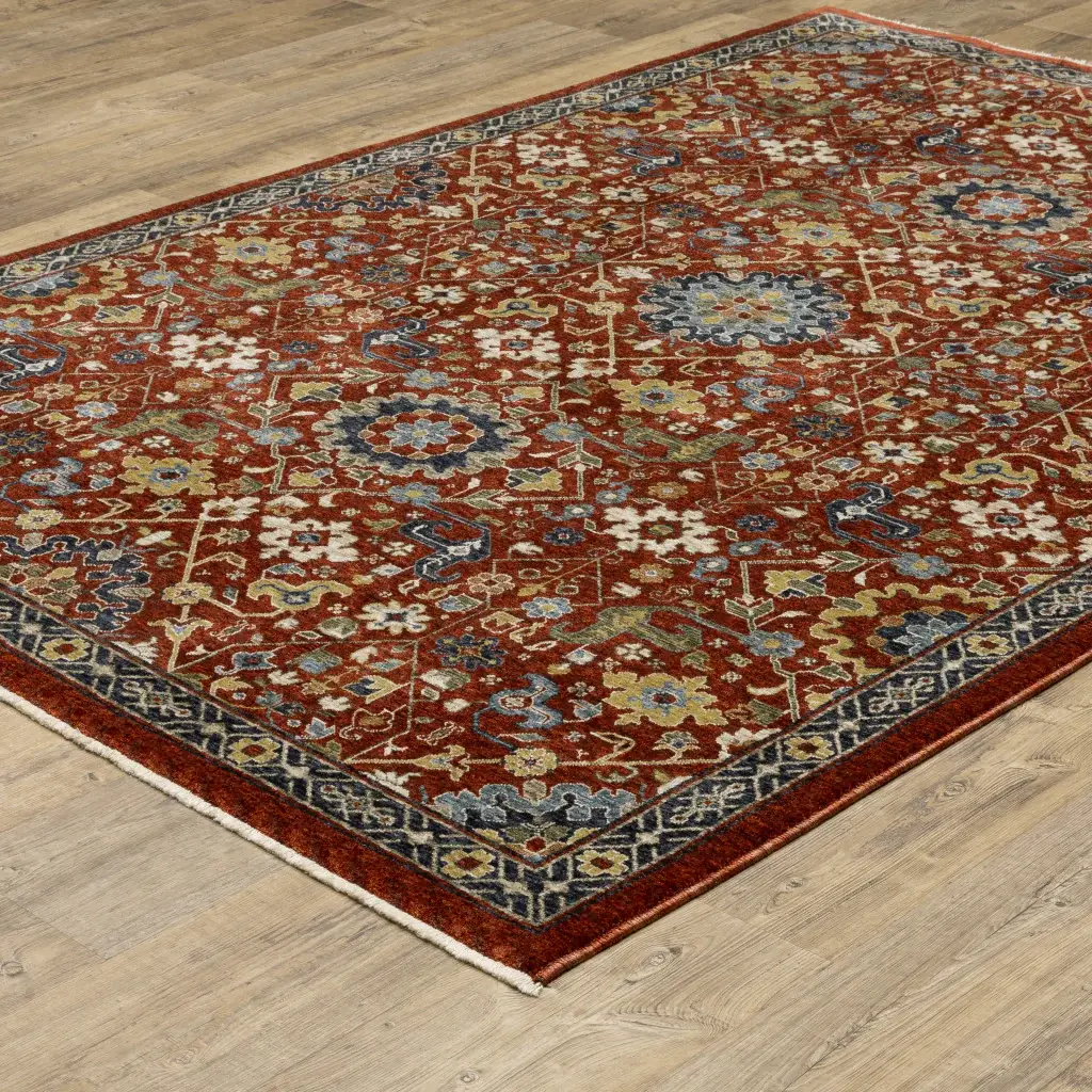 2' X 3' Red Blue Gold And Ivory Oriental Power Loom Stain Resistant Area Rug With Fringe - Image 6