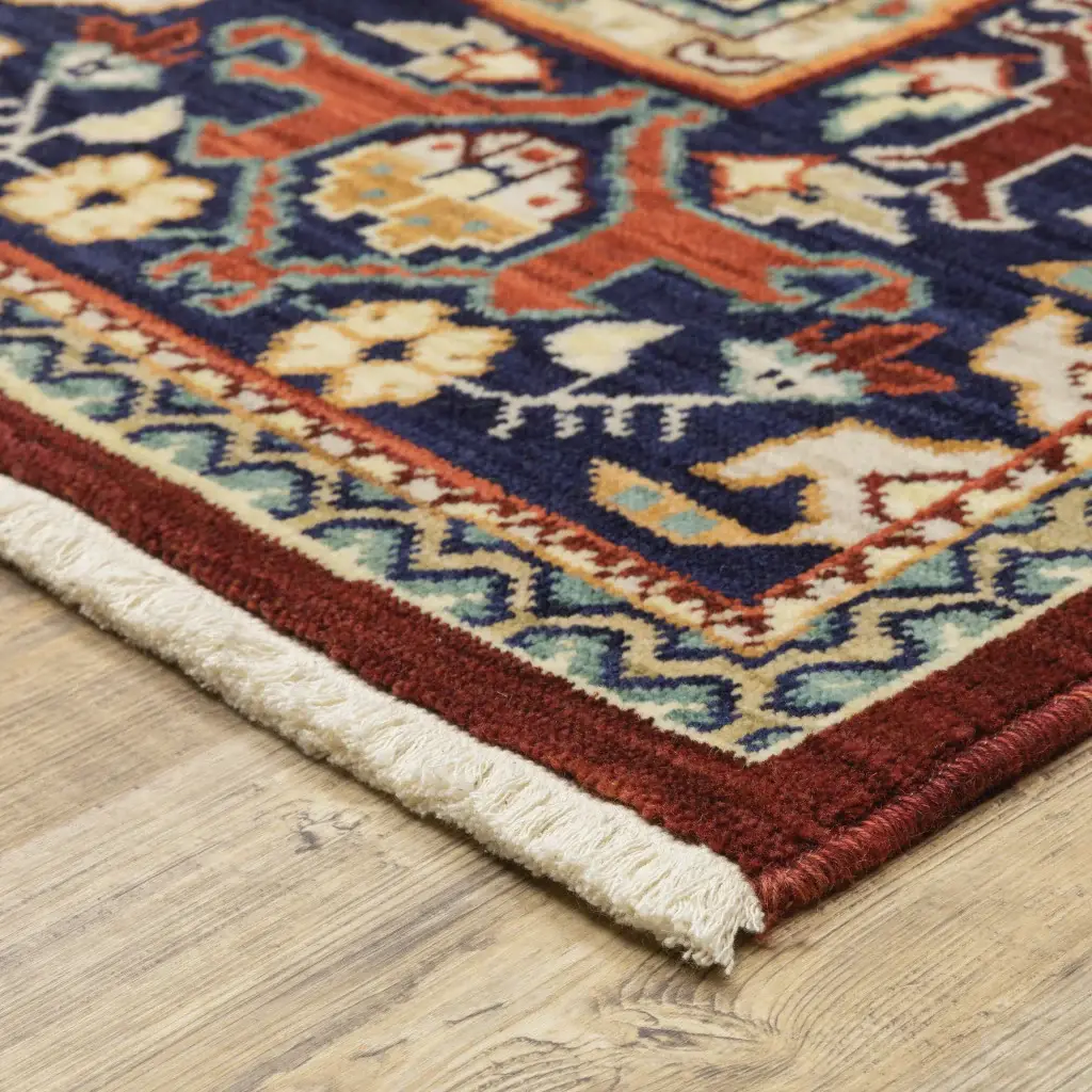 2' X 3' Red Blue Orange And Beige Oriental Power Loom Stain Resistant Area Rug With Fringe - Image 6