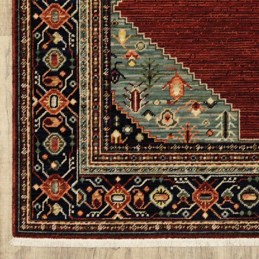2' X 3' Red Blue Orange And Ivory Oriental Power Loom Stain Resistant Area Rug With Fringe - Image 4