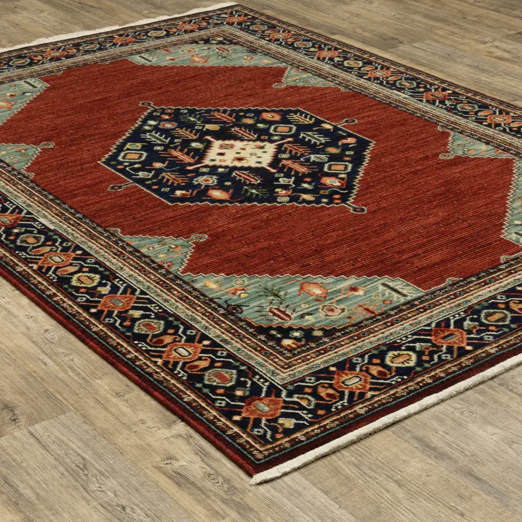 2' X 3' Red Blue Orange And Ivory Oriental Power Loom Stain Resistant Area Rug With Fringe - Image 7