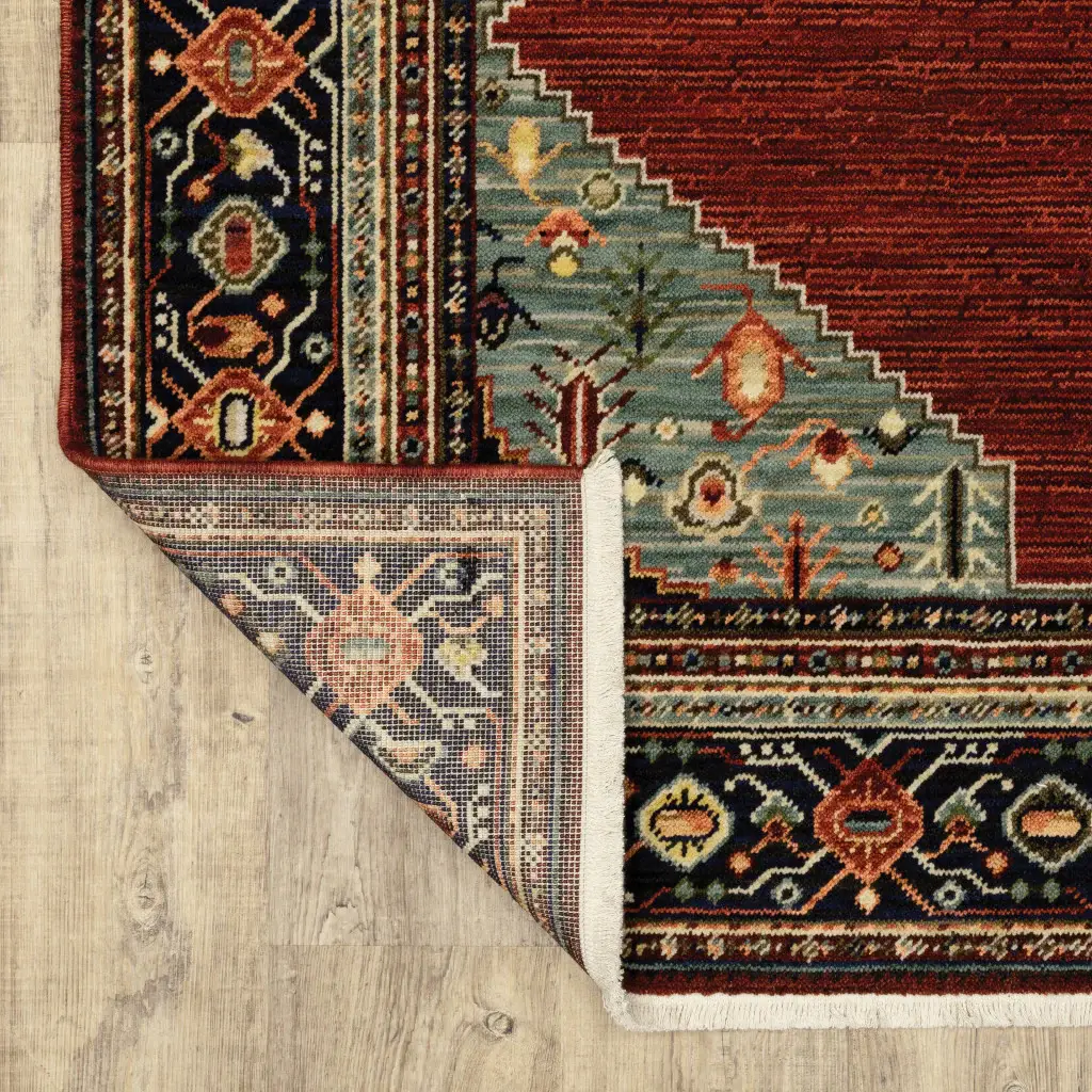 2' X 3' Red Blue Orange And Ivory Oriental Power Loom Stain Resistant Area Rug With Fringe - Image 8