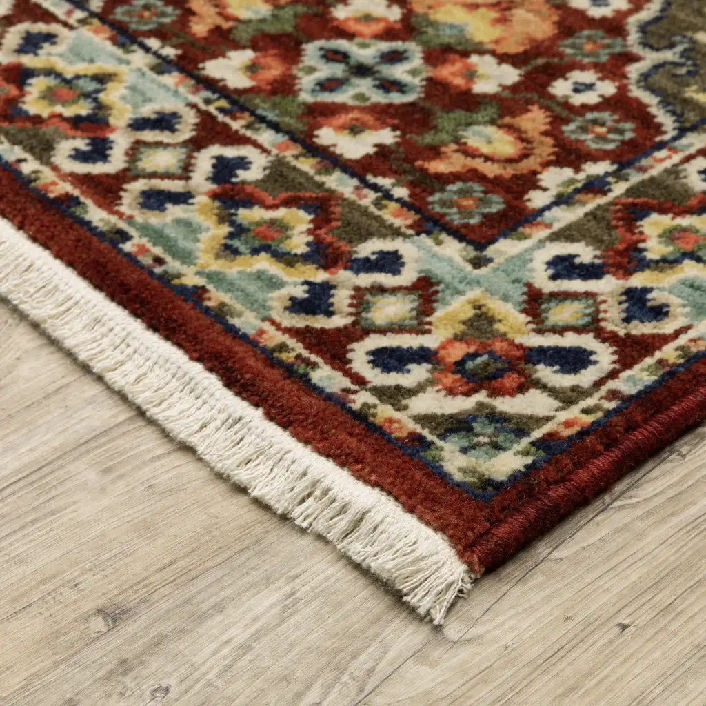 2' X 3' Red Rust Navy Light Blue Brown Orange Ivory And Gold Oriental Power Loom Stain Resistant Area Rug With Fringe - Image 3
